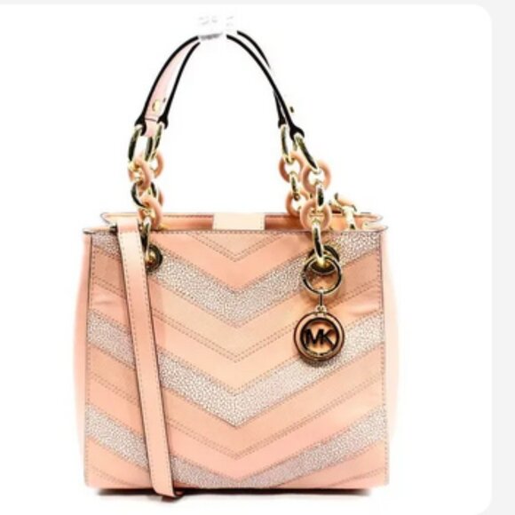 Michael Kors Pink Chevron Leather Cynthia Crossbody Bag Satchel Purse with Fob